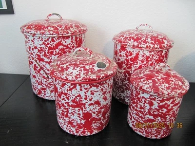 Red Graniteware Enamelware Speckle ware Splatter ware Canister Set of 4 - Image 1 of 4