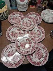 8 ROMANTIC ENGLAND DERBYSHIRE HADDON HALL DINNER PLATES RED 10" Euc++ Bin 175 - Picture 1 of 10