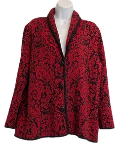 JM COLLECTION Maglione Cardigan Rosso e Nero Paisley Nero Metallo Bottoni Taglia 1X - Foto 1 di 9