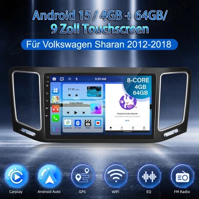 DAB+ Android 15 Autoradio Carplay GPS 4+64G Für VW Sharan II 7N Seat Alhambra 2 - Bild 1 von 4