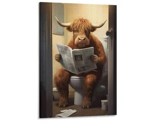 Highland Cow On Toilet Canvas Poster Print 16” X 24” - Picture 1 of 1