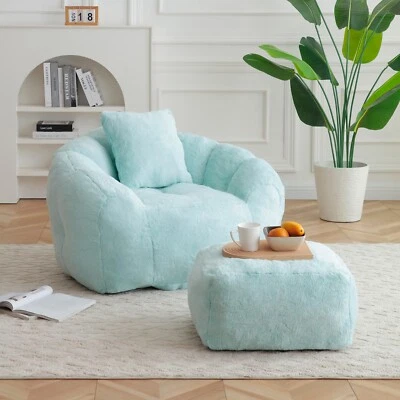 Light Blue Giant Bean Bag Chair with Footstool,Faux Fur Shell-Shaped Large Chair - Image 1 of 4