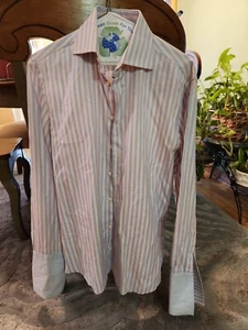 Camicia abito a polsino francese Duncan Quinn London multicolore rosa a righe blu 16-1/2 - Foto 1 di 9