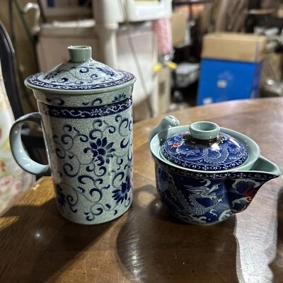 Asian Themed Ceramic Tea Cup With Lid Diffuser Strainer Lidded Pot - Image 1 of 4