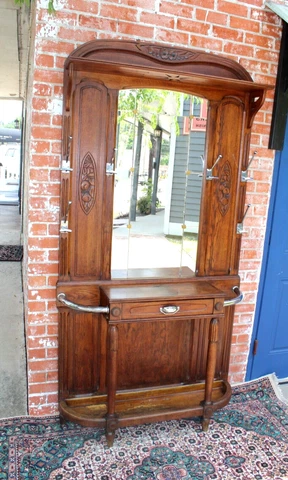 French Antique Carved Oak Art Deco Hall Tree Stand / Coat Hanger Cover
