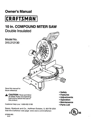 Craftsman 10” Compound Miter Saw - Model 315.212130 - Owners Manual & Parts List - Image 1 of 4