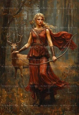 IMPRESIÓN ARTÍSTICA ARTEMISA, decoración de diosa griega guerrera arquero, póster pagano bosque F777 Foto 1 de 2