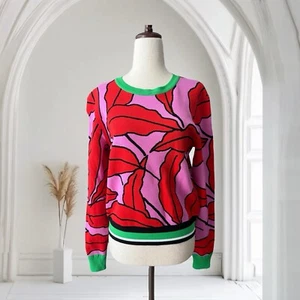 Diane von Furstenberg Paskavan Leaf-print Cropped Sweater In Candy Red. Small - Picture 1 of 7