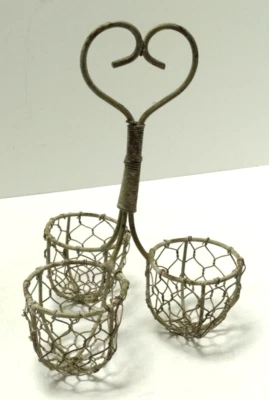 Antique STYLE Primative French Chicken Wire Egg Holder 3 cups Heart Handle ~ 8"H - Image 1 of 4