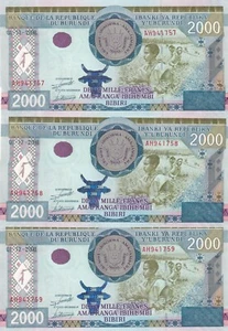 Burundi, 2000 francos, 2008, UNC, p47, (total 3 billetes consecutivos), serie Nu - Imagen 1 de 2