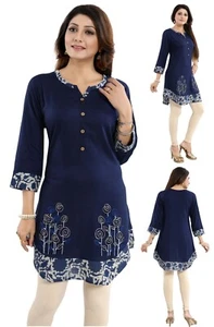 Ladies Blue Rayon Designer Embroidery Women Ethnic Kurti Tunic Shirt Dress BD415 - Picture 1 of 8