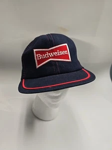 Vintage 80s Budweiser Patch Denim USA Made Trucker Snapback Hat Mens Adjustable - Picture 1 of 8