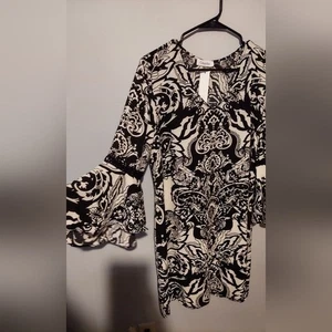 Neu mit Etikett Calvin Klein Boho Midi Etuikleid XL schwarz weiß Paisley Fee Büro Arbeit - Bild 1 von 9