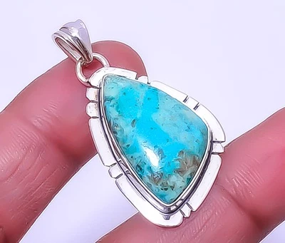 Дизайнерский кулон из стерлингового серебра 925 пробы с африканским драгоценным камнем хризоколлой 1,56 дюйма A342 - Изображение 1 из 4