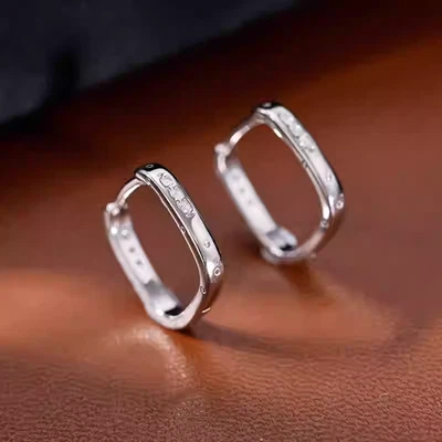 925 Sterling Silver CZ Gem Textured Square Hoop Huggie Earrings Ladies Girl Gift - Image 1 of 4