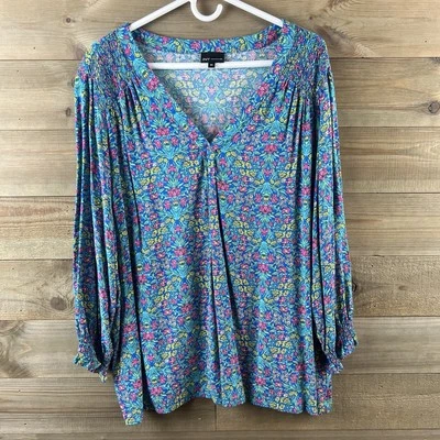 JNY Jones New York Womens Shirt 3/4 Sleeve Vneck Floral Smocked Prairie 3X - Image 1 of 4