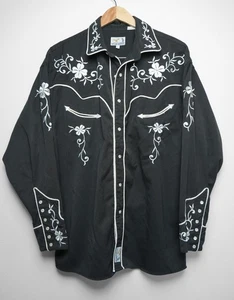VTG Men's PANHANDLE SLIM Black Embroidered Rockabilly Western Snap LS Shirt L - Picture 1 of 11