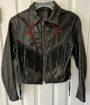 Jaqueta de motocicleta Wmns tamanho 10 vintage marca vestuário preta rosa vermelha incrustada espartilho - Imagem 1 de 4
