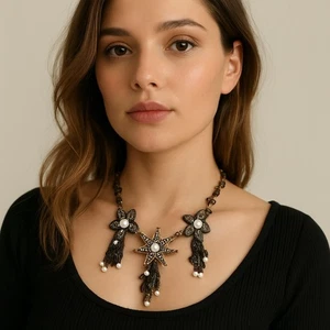 White House Black Market Flower Crystal Enamel Pearl Statement Necklace Sparkle - Picture 1 of 7