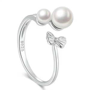 Lindo anillo abierto ajustable de plata de ley 925 con perlas blancas simuladas - Imagen 1 de 5