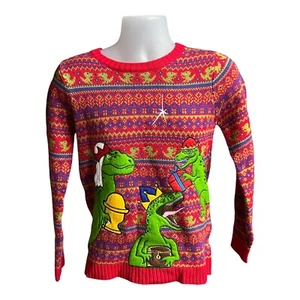 Dinosaur Christmas Sweater Knit Ugly Xmas Pullover Children's Size Large (14/16) - Picture 1 of 7