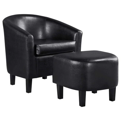 Faux Leather Tub Chair with Ottoman, Black Cover