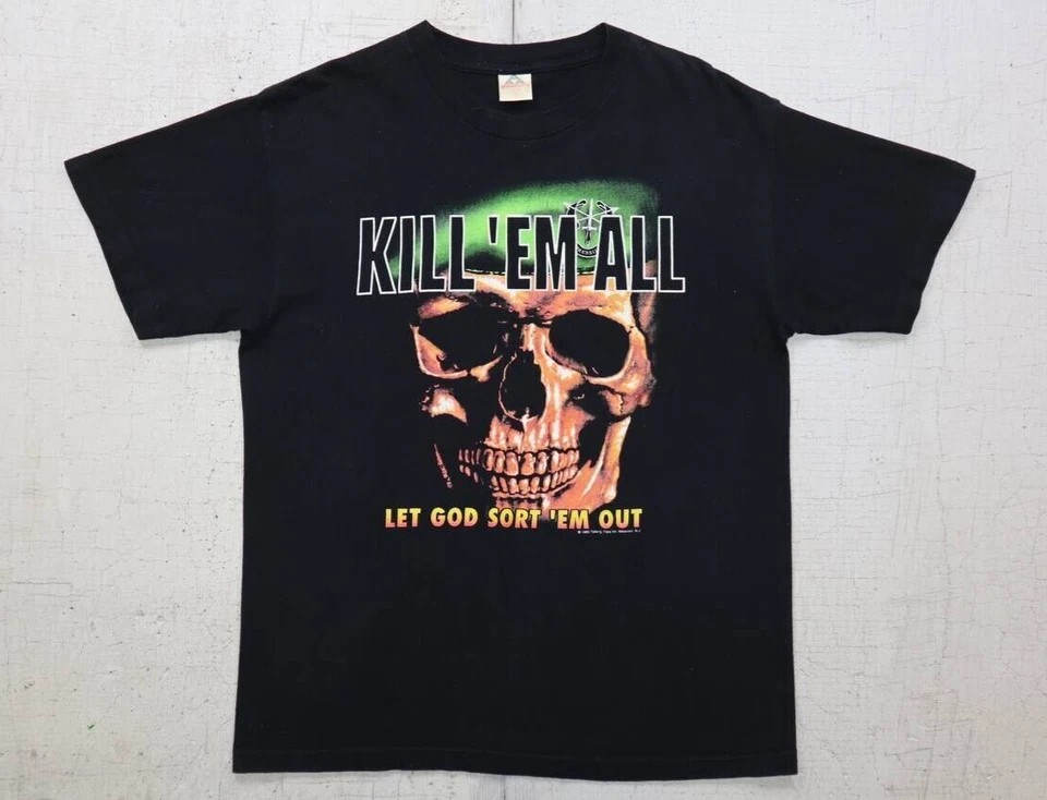 Camiseta De Colección Años 90 Kill 'Em All Let God Sort 'Em Out Talla L 1995 Veterano Emblema 3D Foto 1 de 4