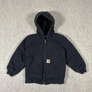 Carhartt Duck Quilted Lined Hooded Jacket Boys Small 7-8 Black Full Zip - Picture 1 of 13
