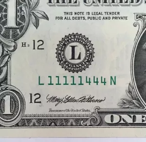Unzirkuliert 1999 $1.00 FRN Fancy Binary Seriennummer L11111444N - Bild 1 von 7