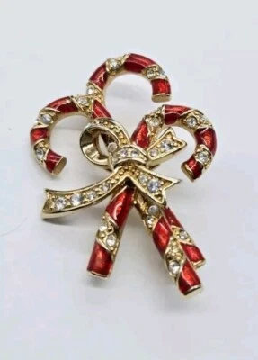 MONET Christmas Brooch Candy Cane Pin with BOW Rhinestones Signed - Image 1 of 4
