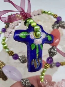 Statement Rosary 28" Long! Crystal Glass Medals Handmade Mexico Painted Ceramic - Picture 1 of 13
