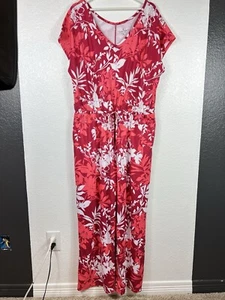 Cuddl Duds Flexwear V-Neck Wide-Leg Jumpsuit Sz XL Red, Coral & White Flowers - Picture 1 of 10