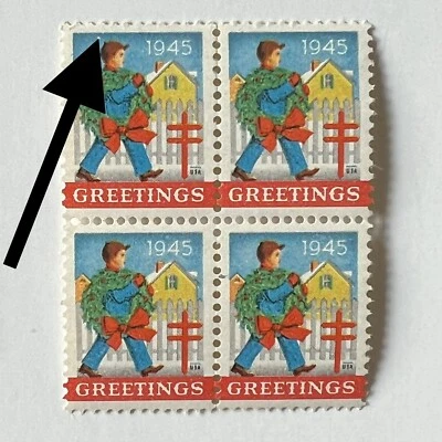 ERROR 1945 CHRISTMAS SEAL BLOCK WITH WHITE DOT ABOVE HEAD MNH - Image 1 of 4