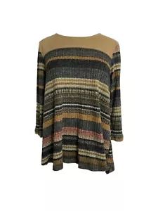 Hannah Womens Sweater Size Medium Black Brown Stripe High Low Hem Faux Suede - Picture 1 of 7