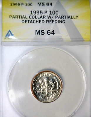 1995 ERROR ANACS MS64 Brd Strk DETACHED REEDING Rv. Roosevelt Dime CH BU Coin NR - Image 1 of 4