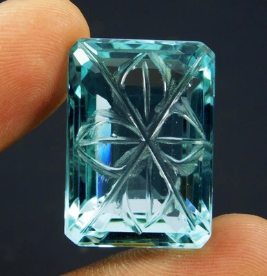 Carved Certified 49.00 Ct Natural Sea Blue Aquamarine Emerald Cut Gemstone - Image 1 of 4