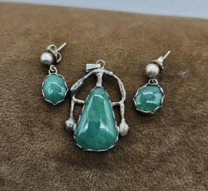Vintage Sterling Silber Anhänger/Ohrring Set grüner Stein Cabochons Jadeit  - Bild 1 von 6