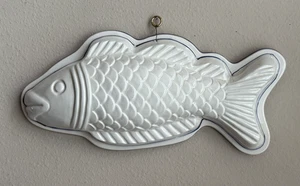 Vintage Large White Ceramic Fish Shaped Mold Wall Hanging Blue Trim 15” Wall - Picture 1 of 15