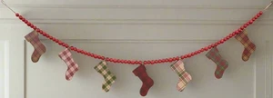 Primitive Christmas Wooden Plaid Stockings & Beads Garland - Picture 1 of 3