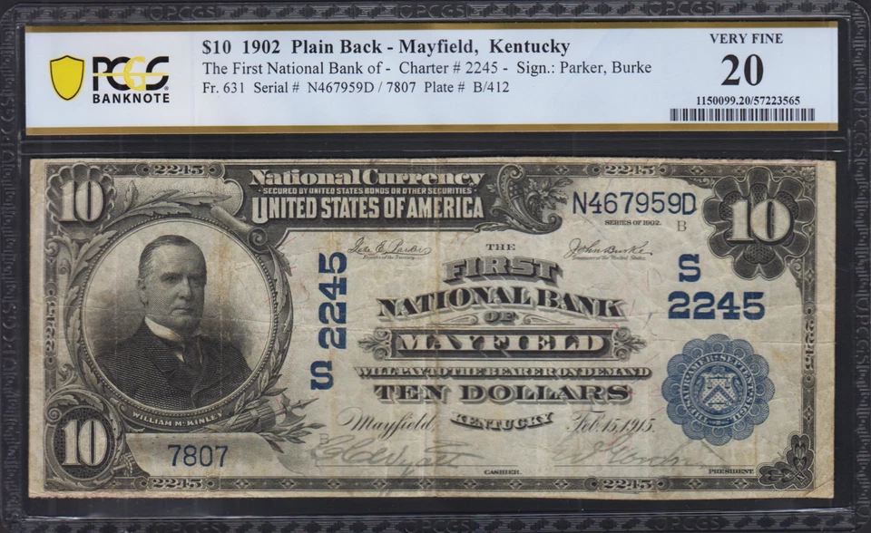 1902 Mayfield Kentucky $10 National Banknote Charter 2245 PCGS Very Fine 20 - Image 1 of 2