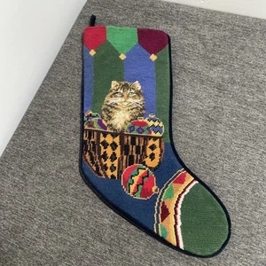 Needlepoint Christmas Stocking Cat Ornaments 100% Wool 18" Black Velvet Backing - Picture 1 of 5