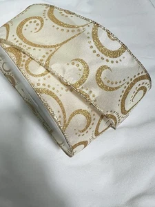 10 Yards 2.5 Inch Wired Ribbon Ivory Gold Swirl Winter Christmas Holiday Ribbon - Picture 1 of 2
