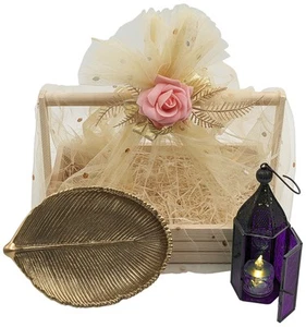 Leaves of Purple Light Gift Basket, Metal Leaf Jewelry Tray & Lantern LED Light - Picture 1 of 9