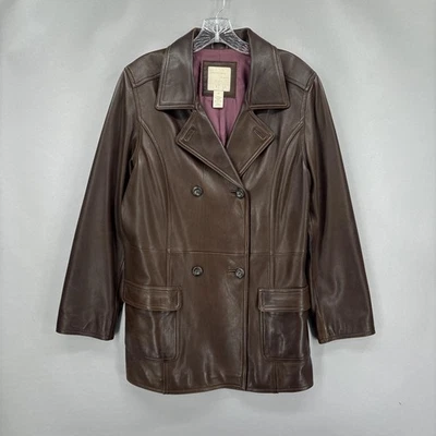 Jaqueta de couro feminina J. Jill marrom médio peito duplo bolsos forrados - Imagem 1 de 4