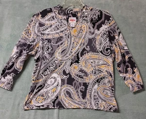 Ruby Rd. Favorites Sz PL Black, Gray, Gold & White Jeweled V-Neck 3/4 Sleeve Top - Picture 1 of 8