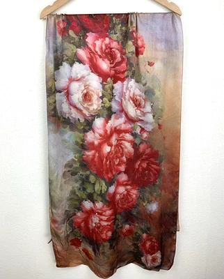 Bufanda floral artística larga 100 % seda roja, marrón, verde, gris Foto 1 de 4