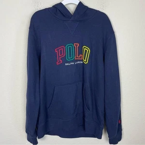 Polo Ralph Lauren Navy Rainbow Logo Hooded Sweatshirt Large - Picture 1 of 8