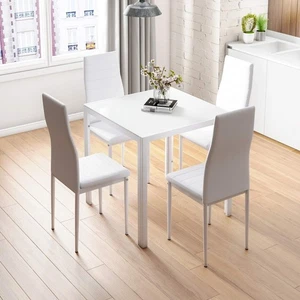 Modern White Glass Dining Table Set with 4 Faux Leather Chairs – 75cm Square - Picture 1 of 12