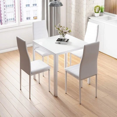 Modern White Glass Dining Table Set with 4 Faux Leather Chairs – 75cm Square - Image 1 of 4