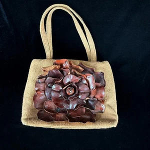 Paolo Masi Italy Sm Burlap Tote Bag w Leather Rose Flower 3 Compartments Cruise - Picture 1 of 12